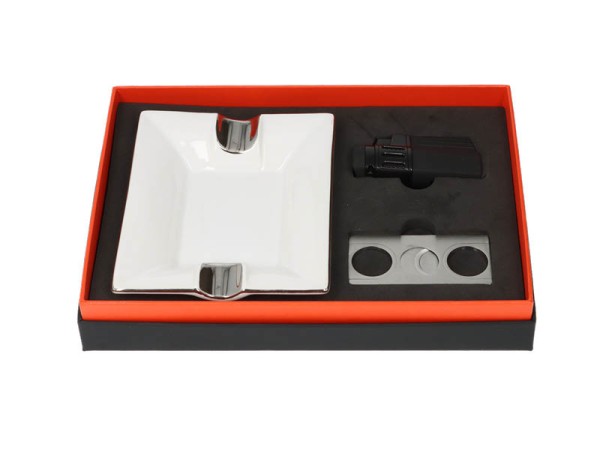 ZIGARRENSET WHITE: ASCHER, CUTTER, FEUERZEUG, GESCHENKBOX